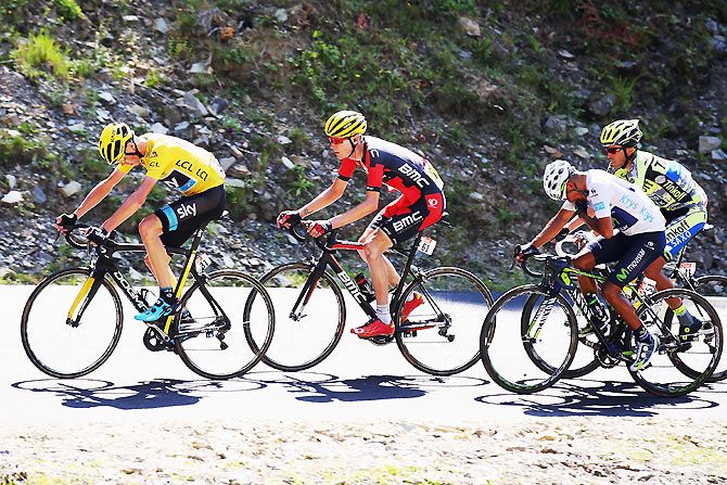 (Left-Right) Chris Froome of Great Britain and Team Sky, Tejay van Garderen of the United States and BMC Racing Team, Nairo Alexander Quintana Rojas of Colombia and Movistar Team and Alberto Contador of Spain and Tinkoff-Saxo ride race during stage 10