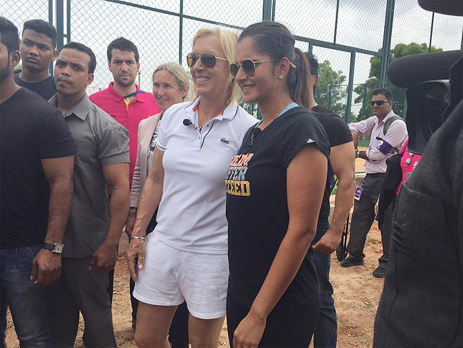 Martina Hingis and Sania Mirza at the latter's tennis academy in Hyderabad