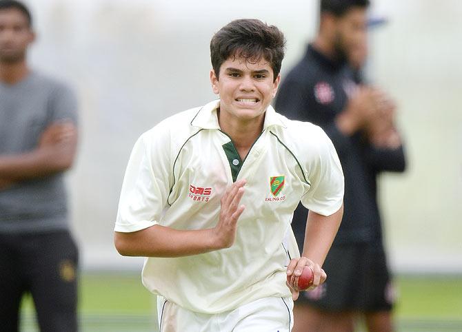 Arjun Tendulkar bowls during England's nets session