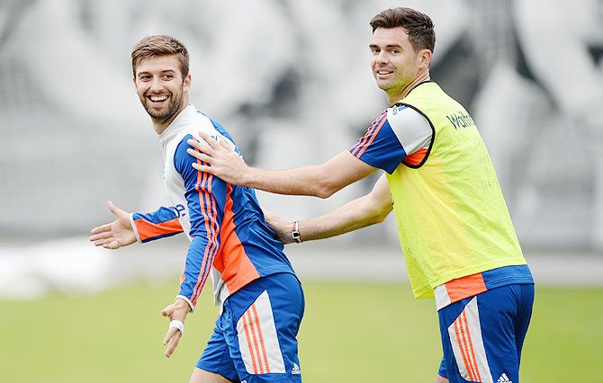 England's Mark Wood and James Anderson during the nets session