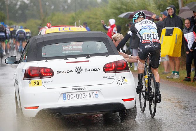 Julien Vermote of Belgium and Etixx-Quick Step receives medical treatment following a crash during stage five of the Tour de France, a 189.5km stage between Arras and Amiens in Amiens, France, on July 8