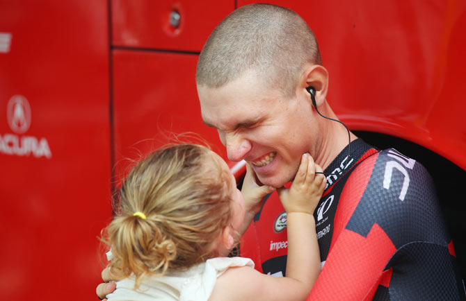 Tejay van Garderen of the USA and the BMC Racing team spends with time with his daughter Rylan at the start of stage two of the Tour de France, a 166km stage between Utrecht and Zelande, in Utrecht, Netherlands, on July 5