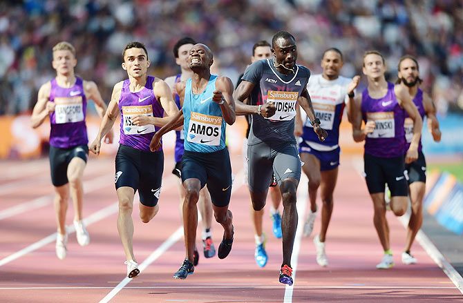 Nijel Amos of Botswana (centre, left) wins the Mens 800m ahead of David Rudisha of Kenya (centre, right) during day two of the Sainsbury's Anniversary Games at The Stadium at Queen Elizabeth Olympic Park in London on Saturday