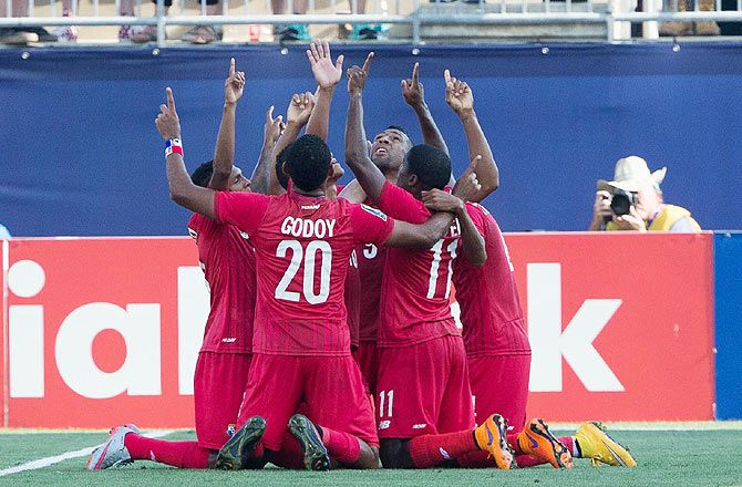 Panama forward Roberto Nurse (9) celebrates with his team after scoring against the United States during the second half of the CONCACAF Gold Cup third place match at PPL Park in Chester, Pennsylvania on Saturday