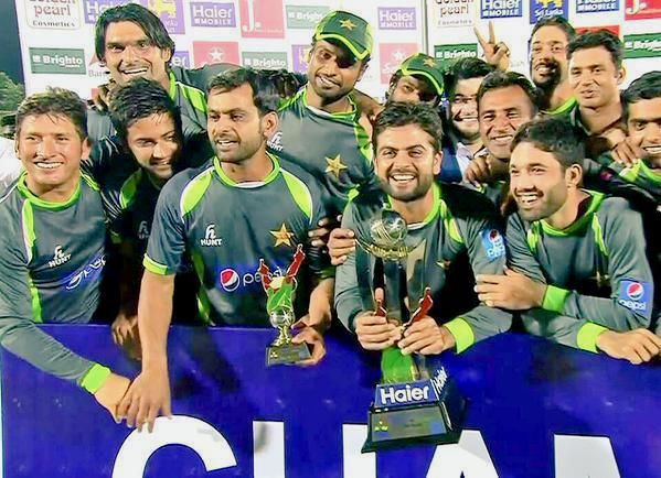 Pakistan players celebrate after winning the series against Sri Lanka on Sunday