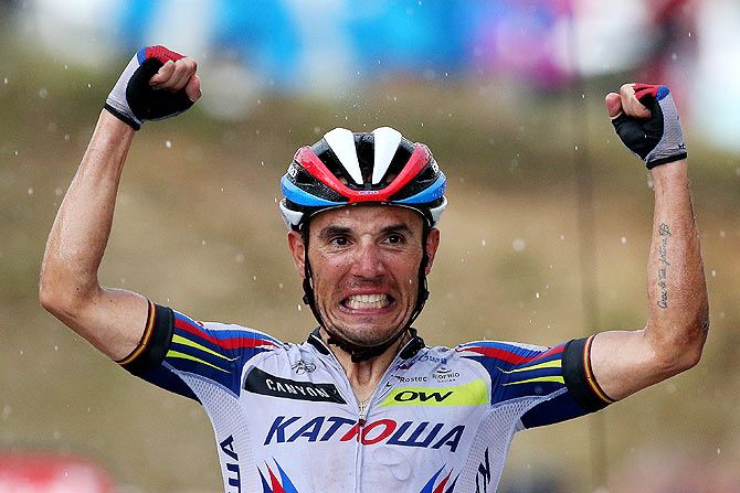 Joaquin Rodriguez Oliver of Spain and Team Katusha celebrates as he crosses the finish line to win Stage 12, a 195 km stage between Lannemezan and Plateau de Beille, France, on July 16