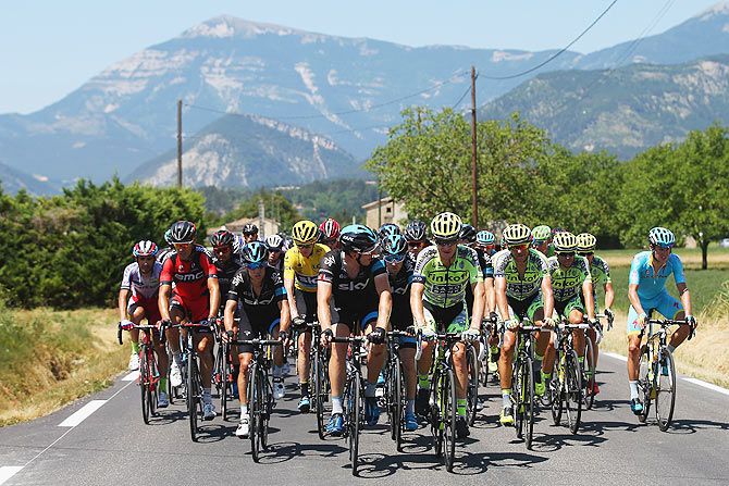 The peloton rides through the French countryside during the sixteenth stage, a 201km stage between Bourg de Peage and Gap, on July 20