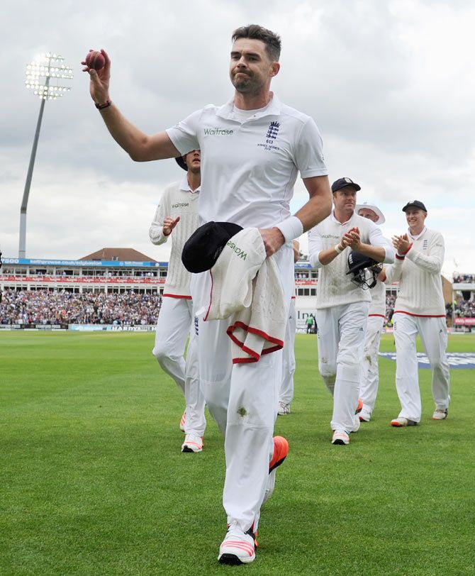 England's James Anderson acknowledges the crowd as he leaves the field after taking 6 wickets on Day 1 of the 3rd Ashes Test against Australia at Edgbaston in Birmingham, on Wednesday