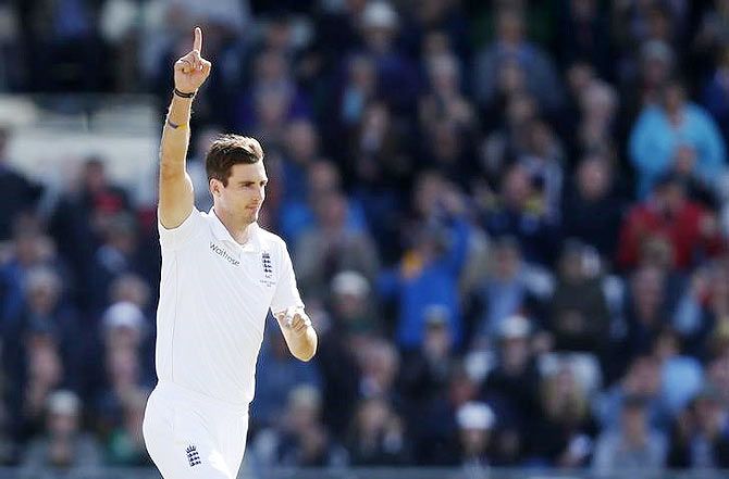 England's Steven Finn celebrates the wicket of Australia's Michael Clarke ion Day 2 of the third Ashes Test at Edgbaston on Thursday