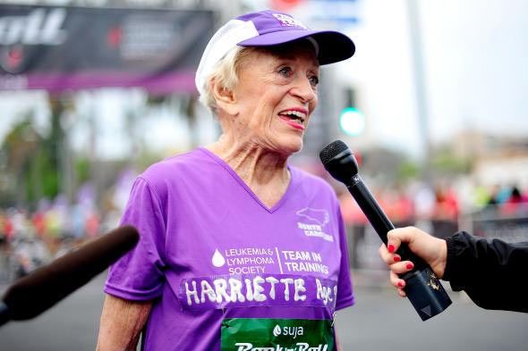 Harriete Thomson gives interviews after completing the Rock 'n' Roll Marathon