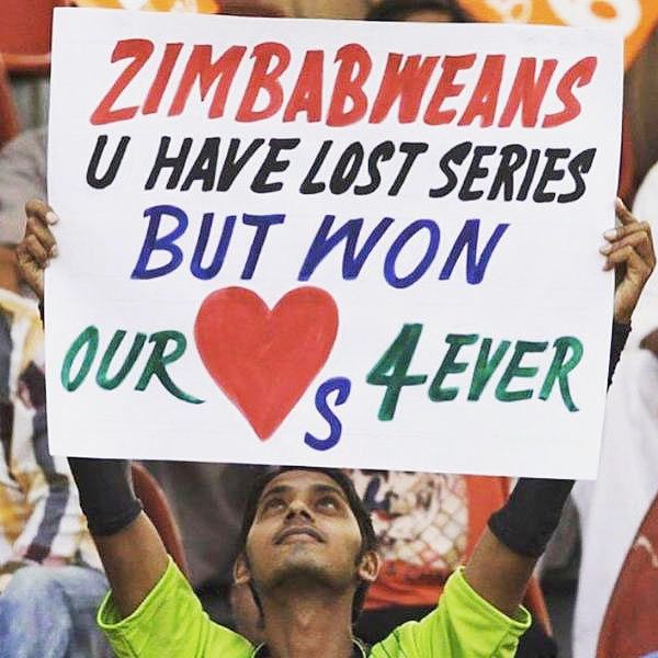 A fan holds up a banner during the 3rd ODI between Pakistan and Zimbabwe on Sunday