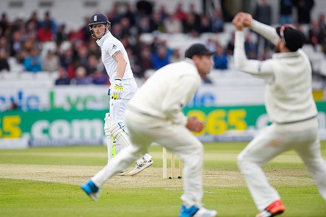 England batsman Ben Stokes looks behind to see Mark Craig (r) catch him in the slips for 6 runs During Day 2 of the 2nd Investec Test at Headingley on Saturday