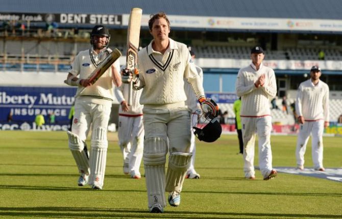 New Zealand's BJ Watling leaves the field at the end of the day's play after scoring a century against England