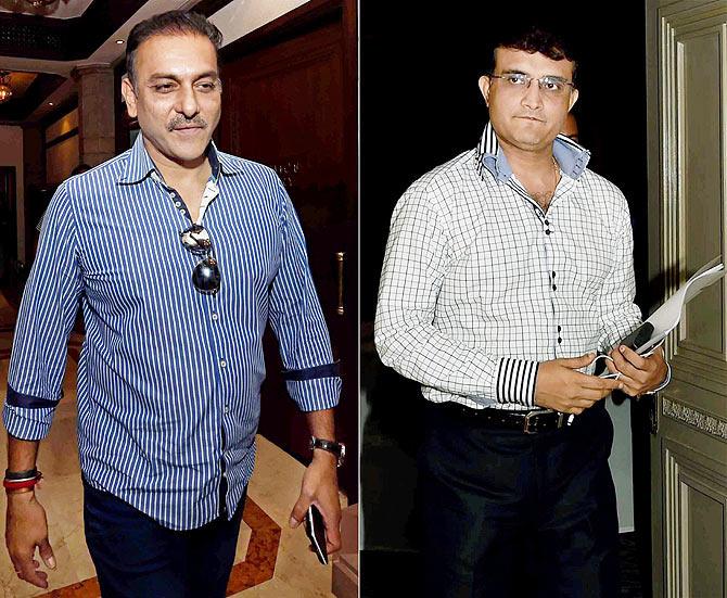 Former cricketers and IPL Governing Council members Ravi Shastri and Sourav Ganguly come out after attending BCCI IPL Governing Council meeting in Kolkata on Monday