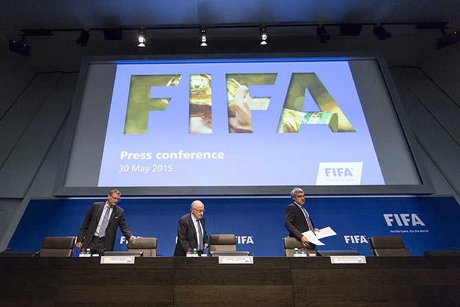 Jerome Valcke, FIFA general secretary, Joseph S. Blatter, FIFA President and Walter de Gregorio, head of media, from left