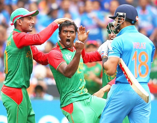 Bangladesh's Rubel Hossain celebrates after bagging the wicket of Virat Kohli during their 2015 ICC World Cup match