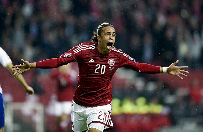 Denmark's Yussuf Poulsen celebrates his goal against Serbia during their Euro 2016 qualifying match in Copenhagen, Denmark on Saturday