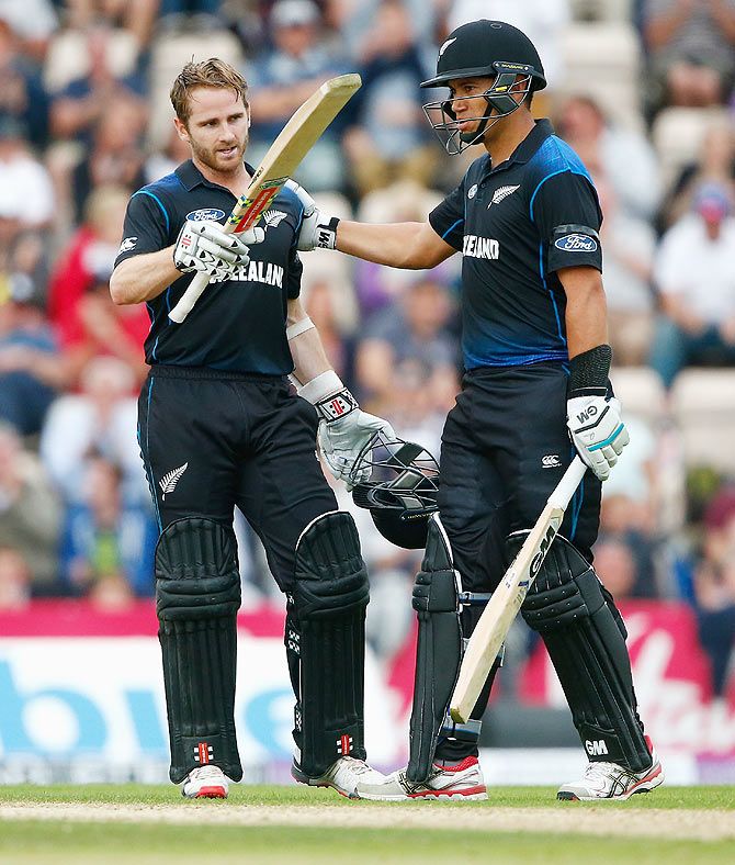 New Zealand's Kane Williamson celebrates his century with teammate Ross Taylor during the 3rd ODI against England at the Ageas Bowl in Southampton on Sunday