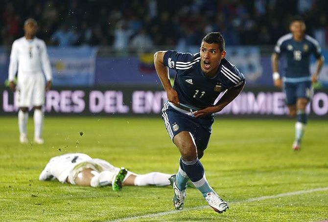 Argentina's Sergio Aguero celebrates scoring against Uruguay