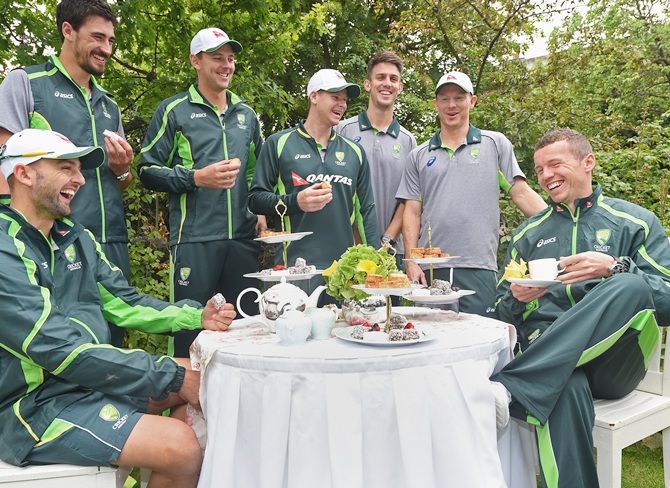 From left, Nathan Lyon, Mitchell Starc, Josh Hazlewood, Steve Smith, Mitchell Marsh,   Chris Rodgers and Peter Siddle