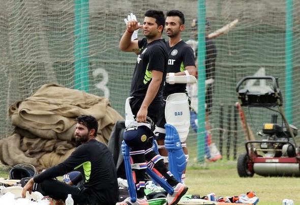 Team India's Ravindra Jadeja (left), Suresh Raina (centre) and Ajinkya Rahane at a nets session