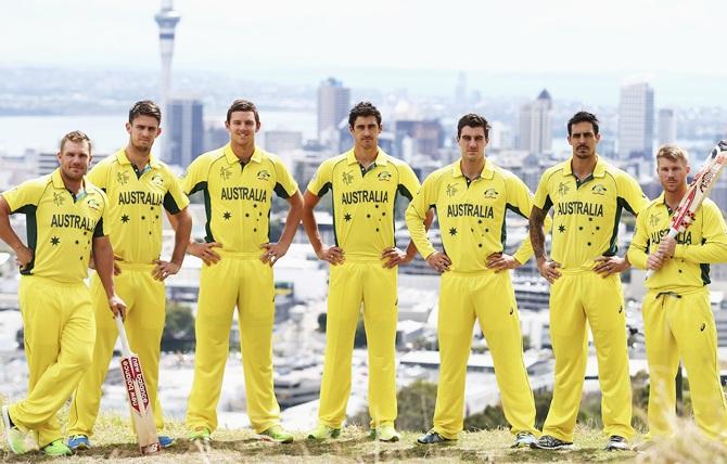 From left, Aaron Finch, Mitch Marsh, Josh Hazlewood, Mitchell Starc, Pat Cummins, Mitchell Johnson and David Warner of Australia pose during a portrait session at Mount Eden