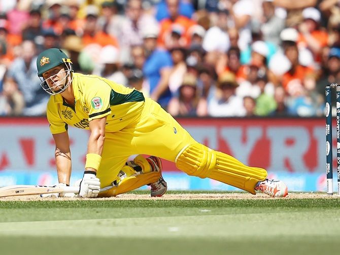 Shane Watson of Australia looks up after falling while batting