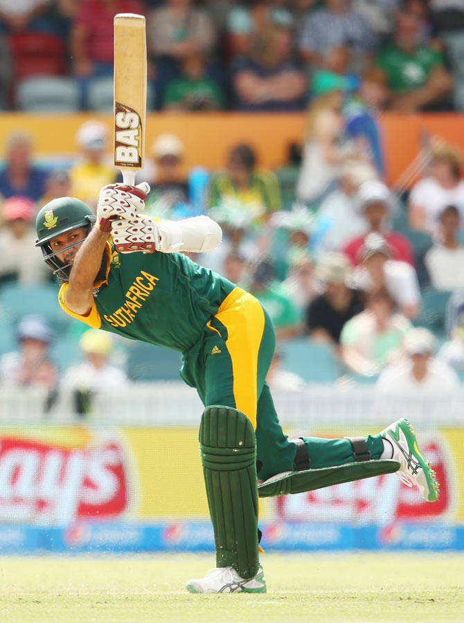 Hashim Amla of South Africa bats during the 2015 ICC Cricket World Cup match against Ireland at Manuka Oval in Canberra on Tuesday