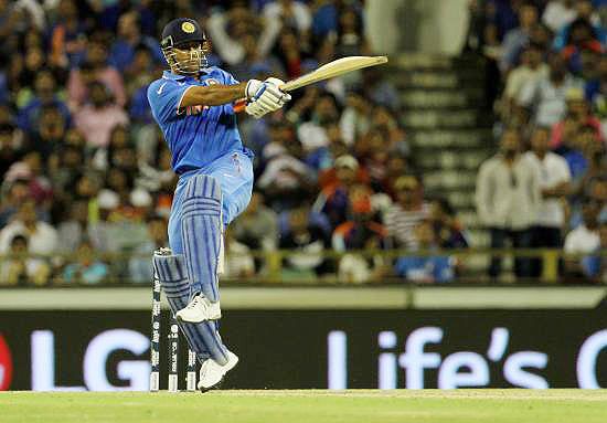 India captain Mahendra Singh Dhoni plays a pull shot during the ICC World Cup Pool B against the West Indies at the Western Australian Cricket Association (WACA) stadium in Perth on Friday