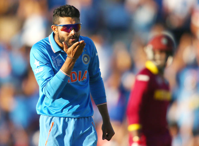 India's Ravindra Jadeja blows a kiss after dismissing West Indies captain Jason Holder on Friday