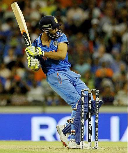 Indian player Ravindra Jadeja plays a shot against the West Indies on Friday