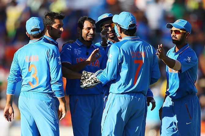 Mohammed Shami of India celebrates with teammates after dismissing Darren Sammy of the West Indies during their 2015 ICC Cricket World Cup match at the WACA in Perth on Friday