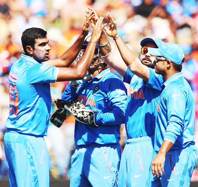 Ravichandran Ashwin after he dismissed Paul Stirling. Photograph: Hannah Peters/Getty Images