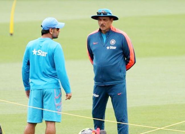 Indian captain Mahendra Singh Dhoni with Indian team director Ravi Shastri