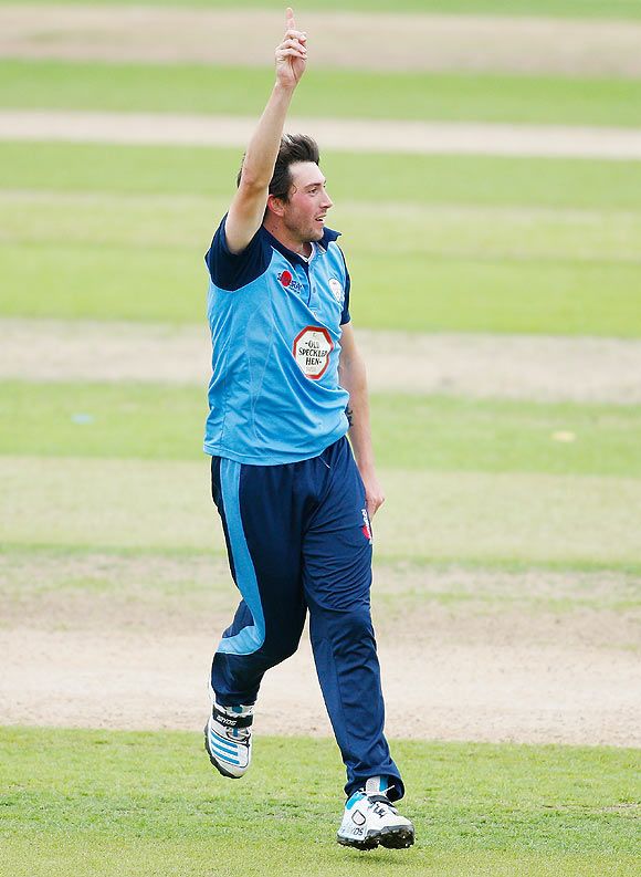 Mark Footitt of Derbyshire celebrates a wicket