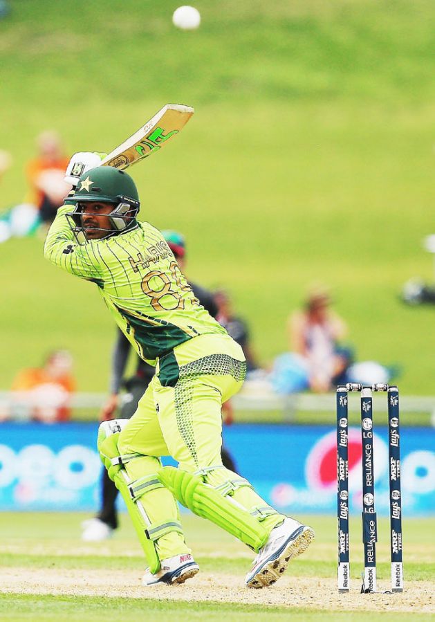 Pakistan's Haris Sohail plays the ball away for a boundary