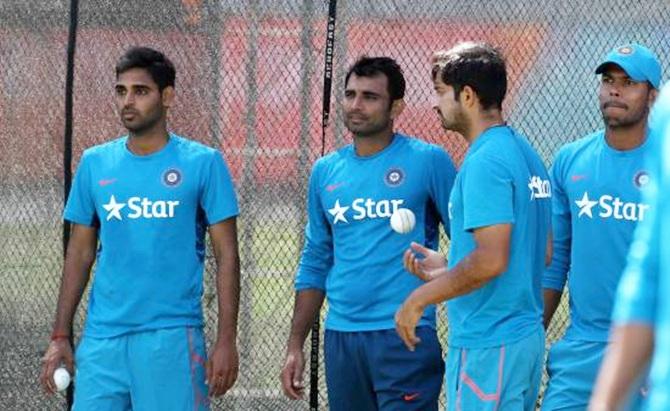 From left, Bhuvneshwar Kumar, Mohammed Shami Mohit Sharma and Umesh Yadav during the practice session