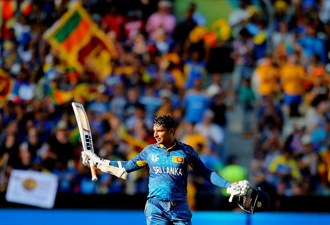  Kumar Sangakkara celebrates his century against Bangladesh