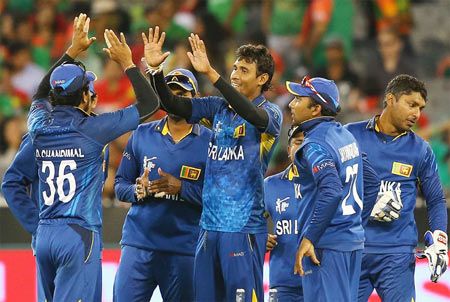 Image: Suranga Lakmal of Sri Lanka is congratulated by teammates
