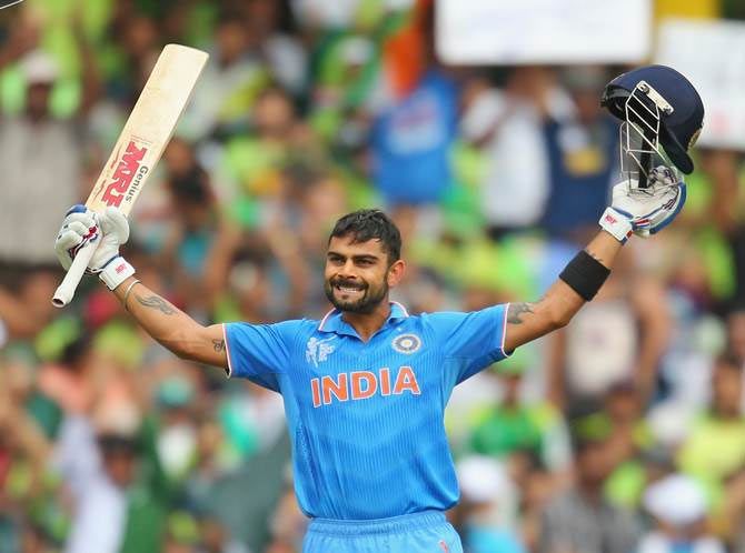 India’s Virat Kohli celebrates after getting to hundred against Pakistan