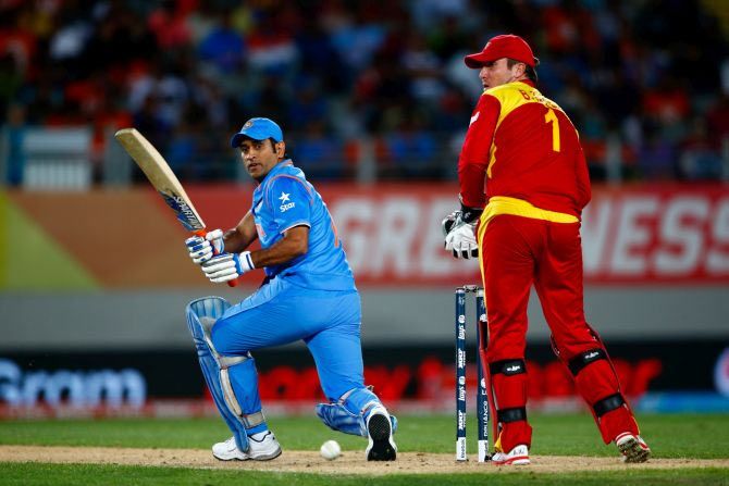 Mahendra Singh Dhoni in action against Zimbabwe