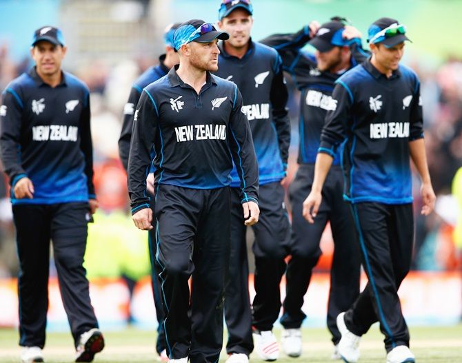 Brendon McCullum of New Zealand leads the team off the field