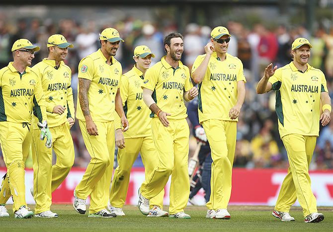 Australia players celebrate a wicket