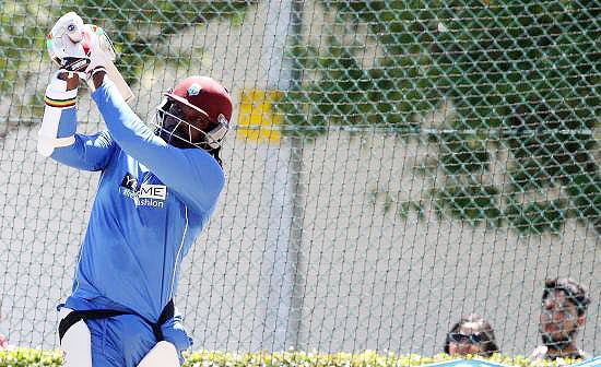 Chris Gayle of the West Indies bats in the nets