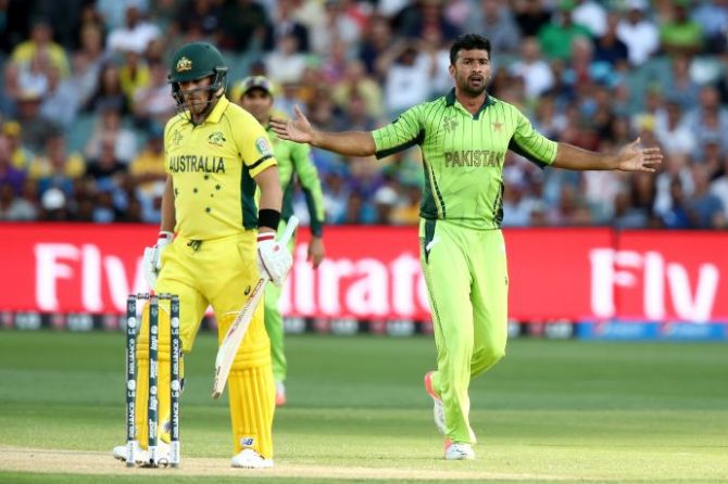 Pakistan's Sohail Khan celebrates after dismissing Australia's Aaron Finch 