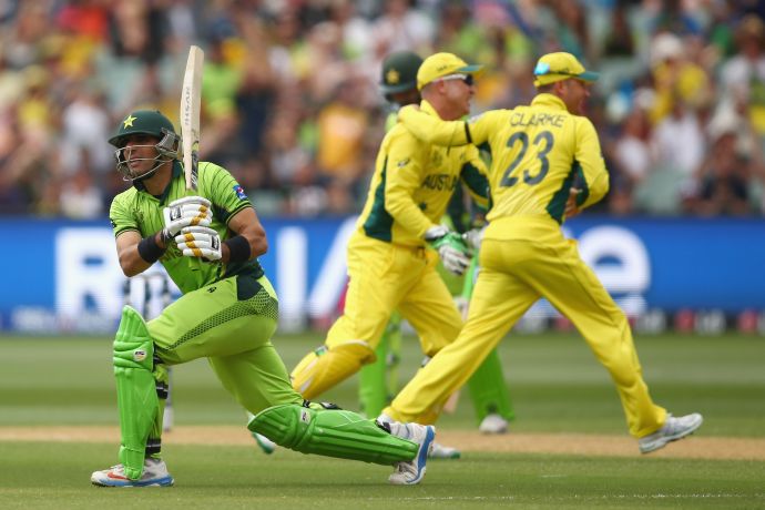 Pakistan's Misbah-ul-Haq rehearses his shot after being caught