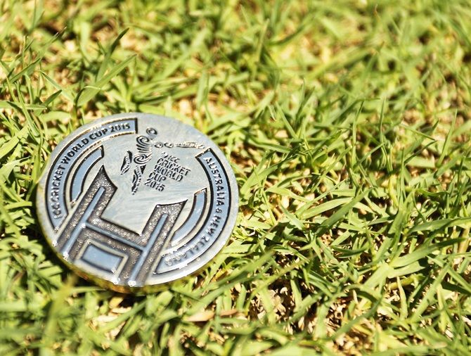 A commemorative coin used for the toss is seen prior to the start of play during the 2015 ICC   Cricket World Cup match