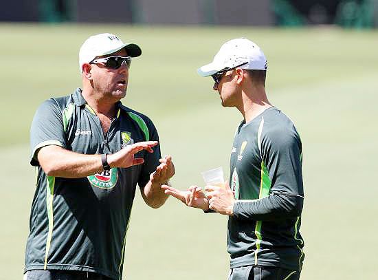 Australian coach Darren Lehmann and Australian captain Michael Clarke during the practice session at the Sydney Cricket Ground 