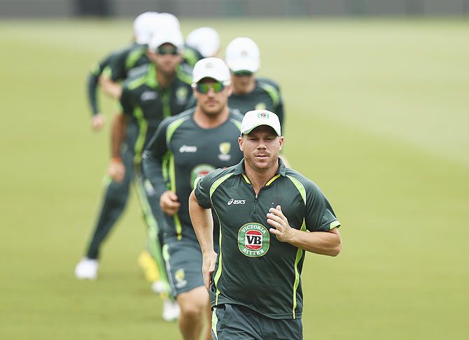 David Warner of Australia trains during a nets session on Tuesday