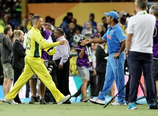 Michael Clarke and M S Dhoni, the Australian and Indian captains, after the game. Photograph: Vipin Pawar/Solaris Images